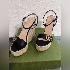 Brand New Gucci Mystic Black Nero Espadrille Clifford Wedges Size 34.5 (US 4.5)